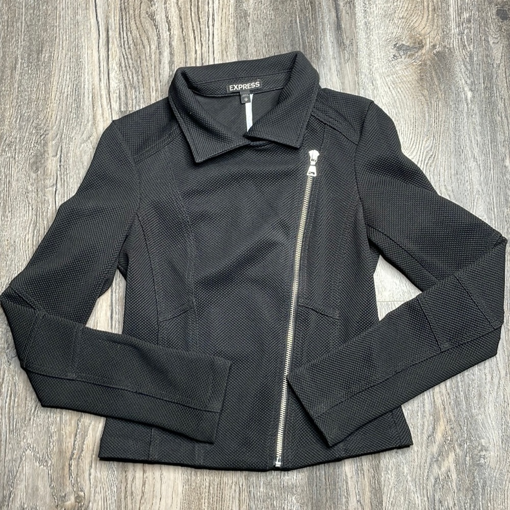 Express Textured Asymmetrical Zipped Moto Jacket, size xs